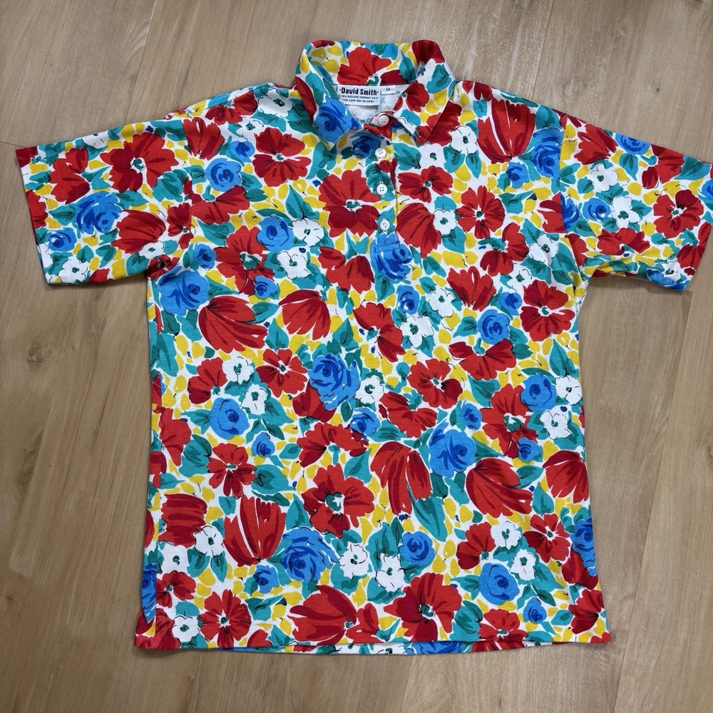 VTG Women's Floral Polo Shirt Colorful Bright Artsy Single Stitch Medium Resort